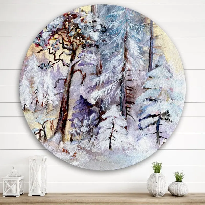 

'The Lake With Winter Snowy Forest' Lake House Circle Metal Wall Art 36x36 - Disc of 36