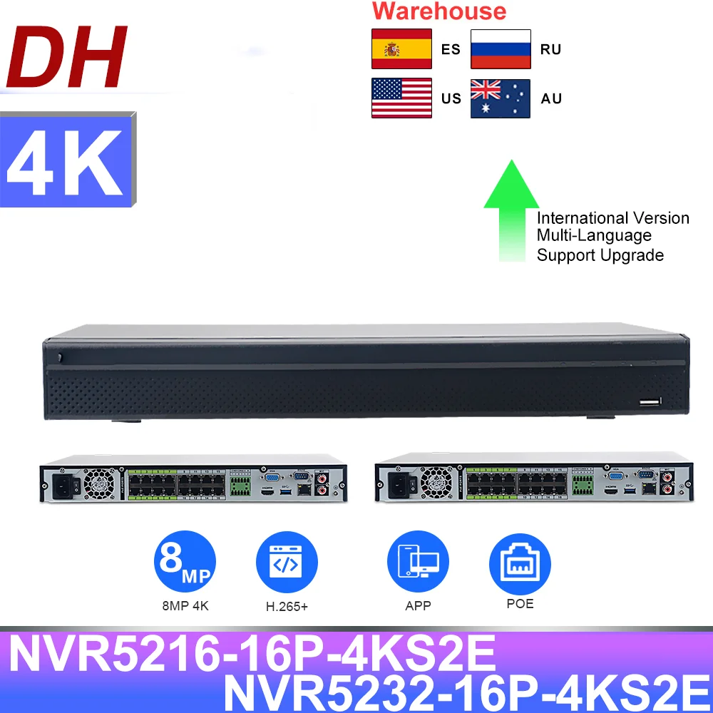 DH PoE NVR 32CH NVR5232-16P-4KS2E 12MP 16CH NVR5216-16P-4KS2E Support Two Way Talk e-POE 800M Network Video Recorder