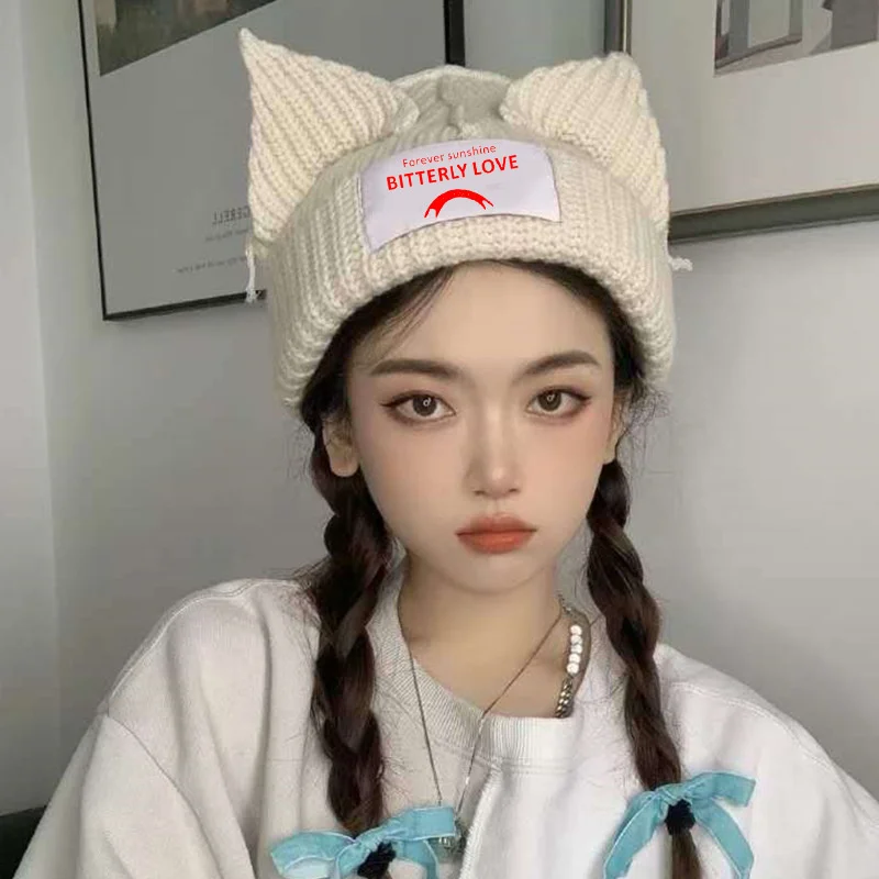 

Cute Fashion Lover Hooded Cap Cat Ear Knit Hat Double-layer Warm Cat Ear Woolen Hat Niche Design Hip-hop Personality Cold Hat