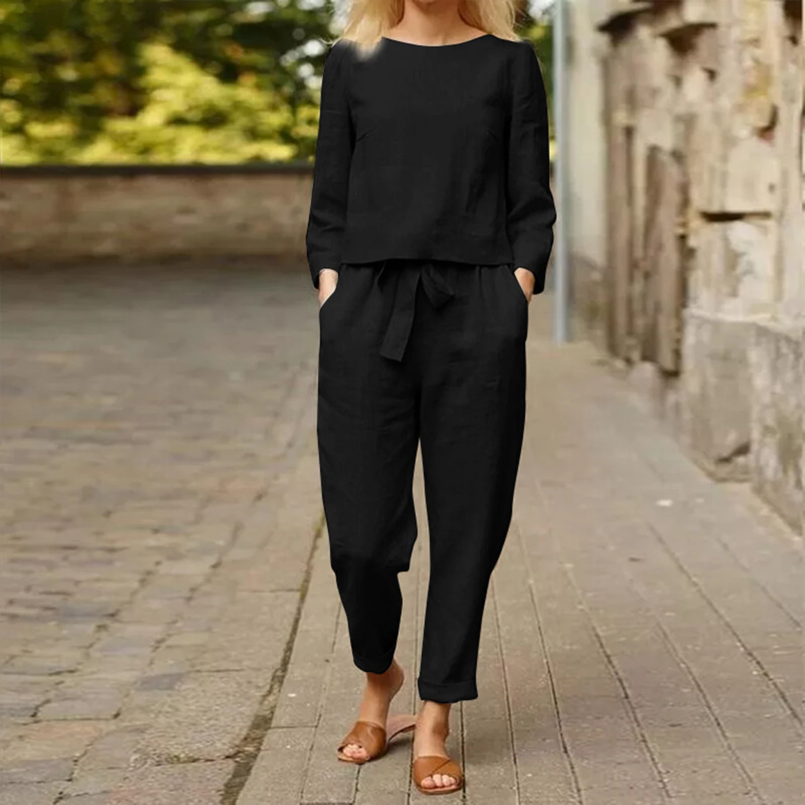 

Solid Color Cotton Linen Blouse Long Pants with Pocket Loose Women Lounge Trousers Sets Elastic Waist Vacation Outfit