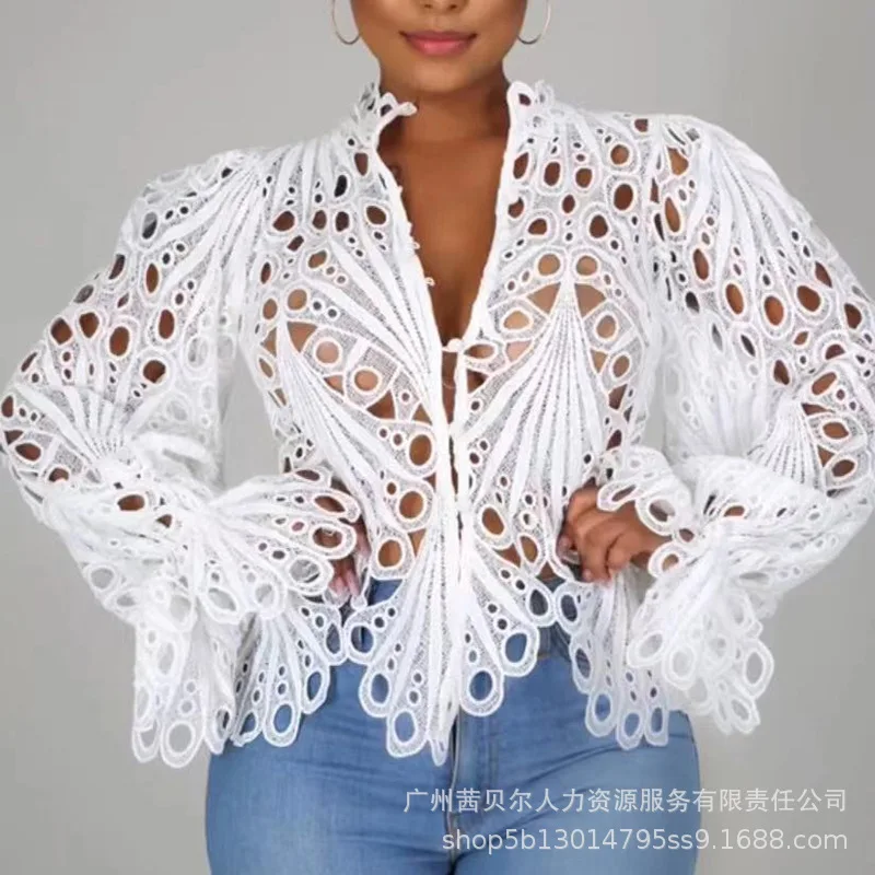 

Женская рубашка, топ, пикантная свободная однотонная прозрачная рубашка с вырезами, Женская однобортная рубашка с расклешенным рукавом и V-...