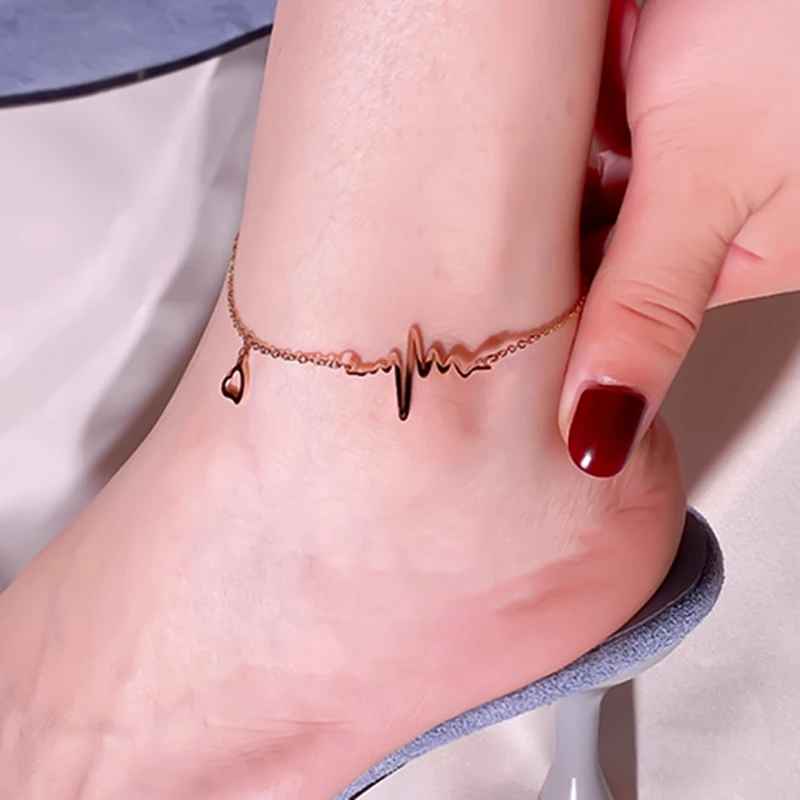 

LEEKER stainless steel anklets hollow heart heartbeat rose gold color beach jewelry women summer jewelry 2021 012 LK2