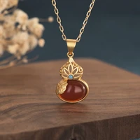 classical jewelry necklace ethnic style design brass gilt gourd pendant inlaid onyx chalcedony necklaces for women accessories