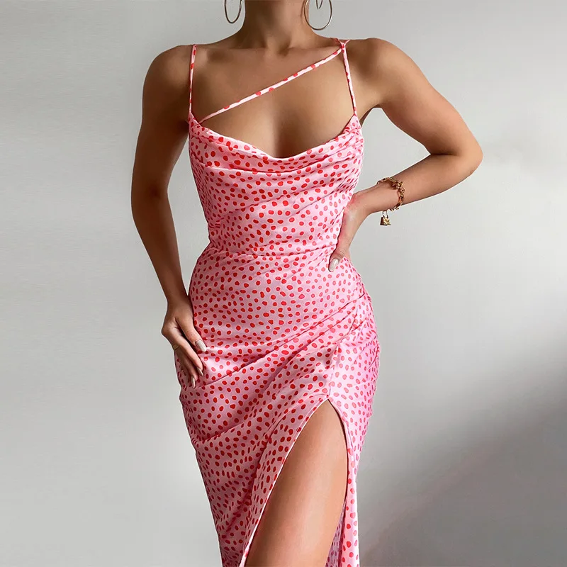 

Women Casual Spaghetti Strap Long Dress Dot Printed Sleeveless Backless Low Cut Slim-Fit Split Sling Midi Dress