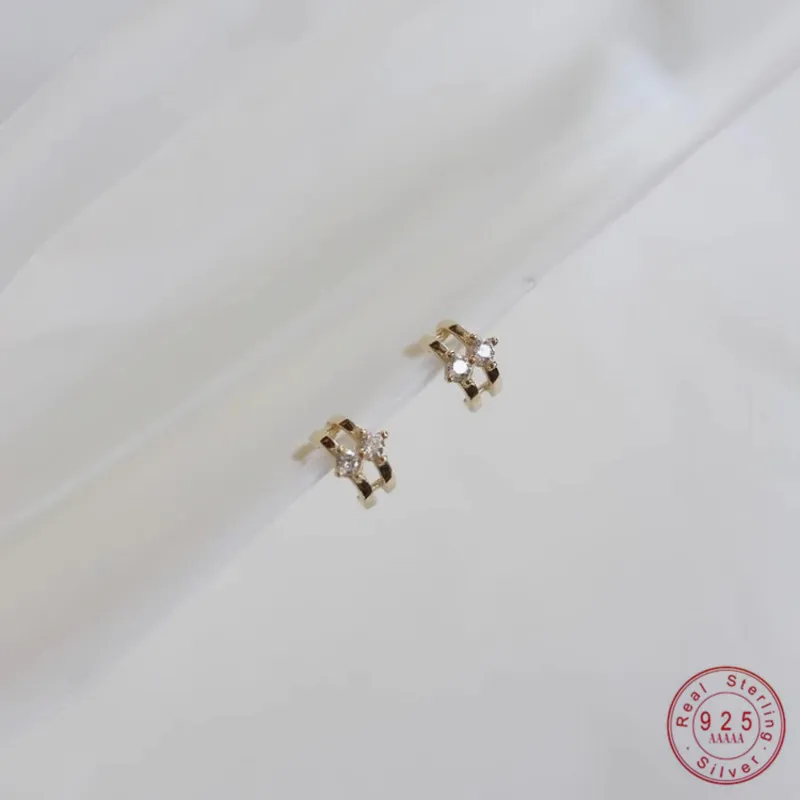 

925 Sterling Silver Plated 14K Gold Double Arc Zircon Mini Earrings for Women Girl Small Exquisite Everyday Jewelry