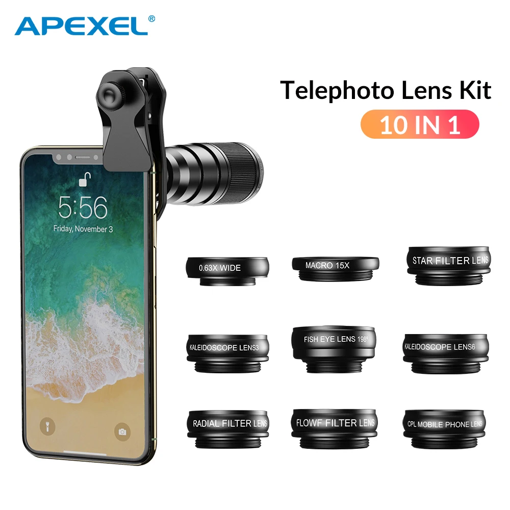 

APEXEL 22x Telephoto 10 in 1 Phone Lens Kit Macro Wide Angle Fisheye 10x Telescope CPL Star Filter Lens For iPhone Huawei Xiaomi