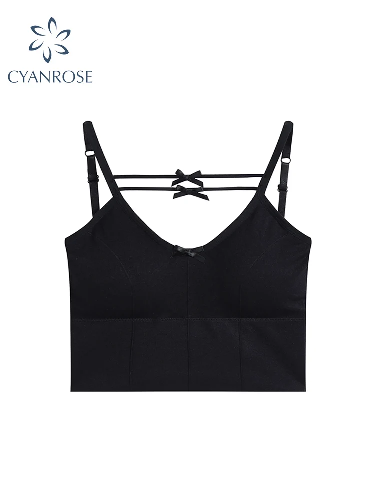 

Женские укороченные топы, летние сексуальные праздничные открытые майки с открытой спиной для фитнеса на бретелях-спагетти с черным бантом...