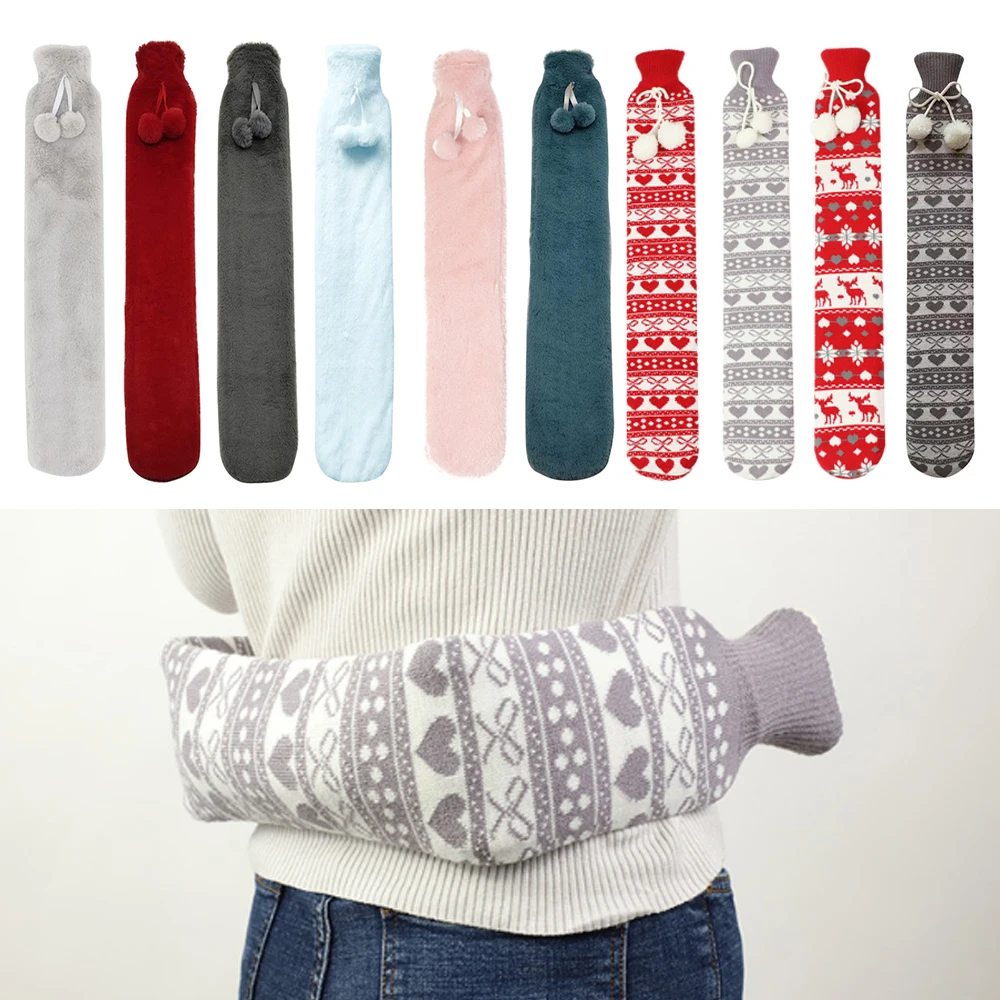 

New Fur Rubber Extra Long Hot Water Bottles Bag With Knitted Removable Cover For Waist Hand Foot Warming Christmas Gift 2021