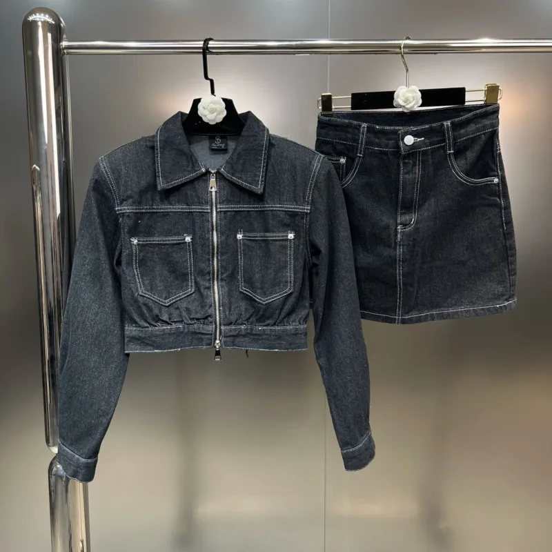 

BORVEMAYS 2023 Autumn New Lapel Long Sleeve Zipper Pockets Denim Jacket + Mini Skrits Casual Two-piece Sets Women WZ5277