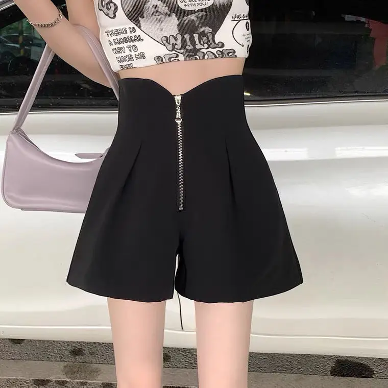 2023 Women Elegant High Waist  Zipper Fly All-match Chic Daily Solid Summer Wide Leg Shorts Suit Casual Design Basic W28