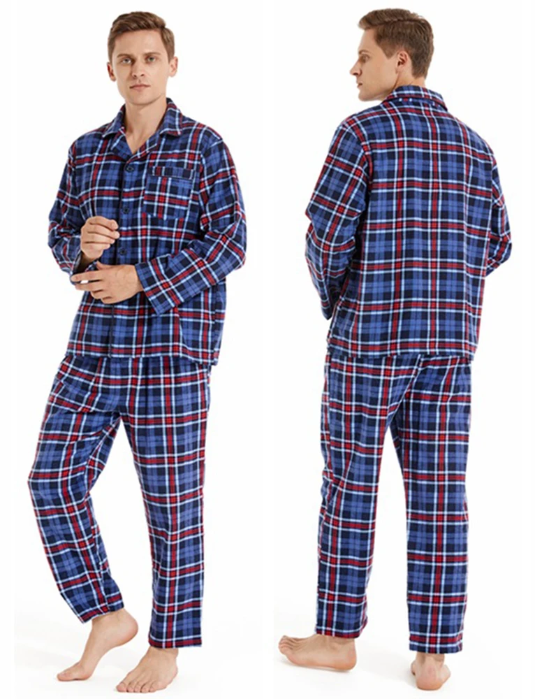 Men Pajama Sets Spring Summer Keep Warm Nightgown Comfortable Soft Sleepwear Suit Long Sleeve Pocket Design