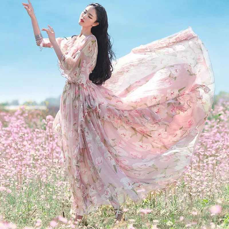 

JSXDHK Bohemian Holiday Beach Summer Long Dress 2022 New Elegant Women Chiffon Flower Print Flare Sleeve Ruffles Maxi Vestidos