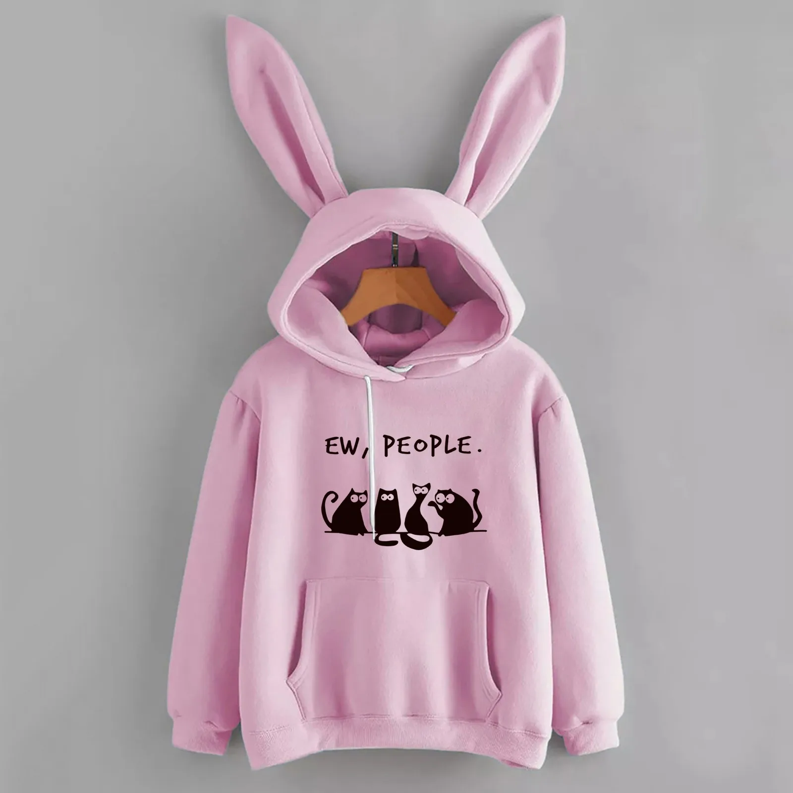 

Y2k Aesthetic Rabbit Ears Hoodies Women Kawaii Cat Print Oversize Sweatshirts Loose Pockets Drawstring Blouses Pullover Top