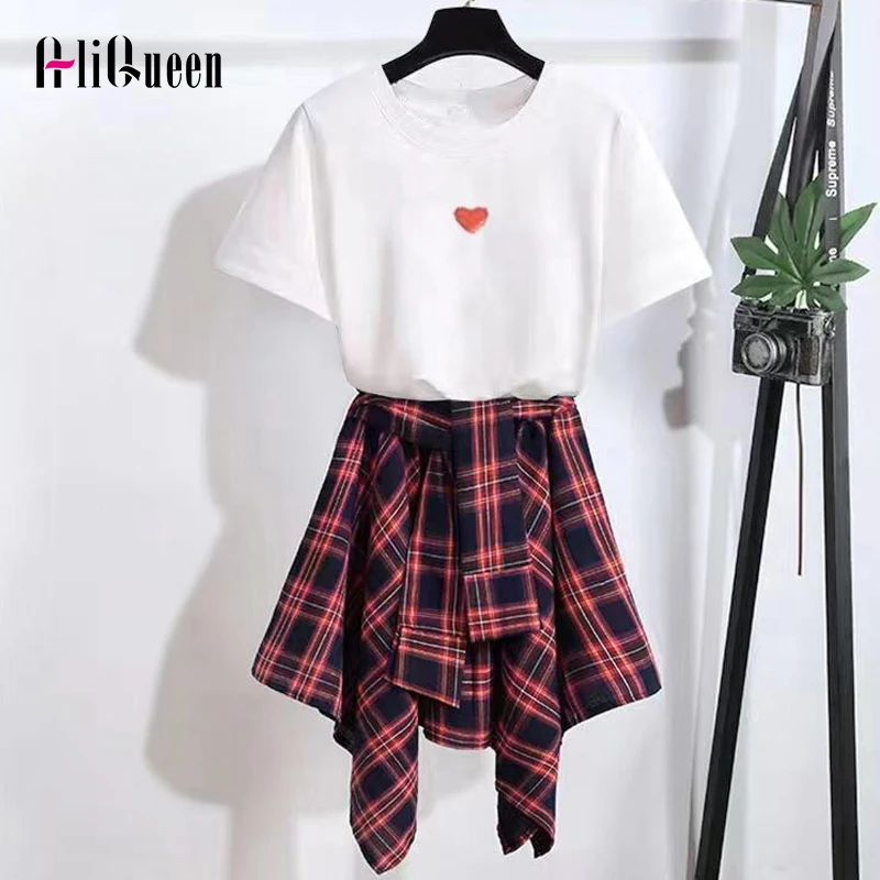 

Женский Повседневный комплект из 2 предметов, длинное платье-футболка с вышивкой в виде черного сердца + Асимметричная клетчатая юбка с крас...