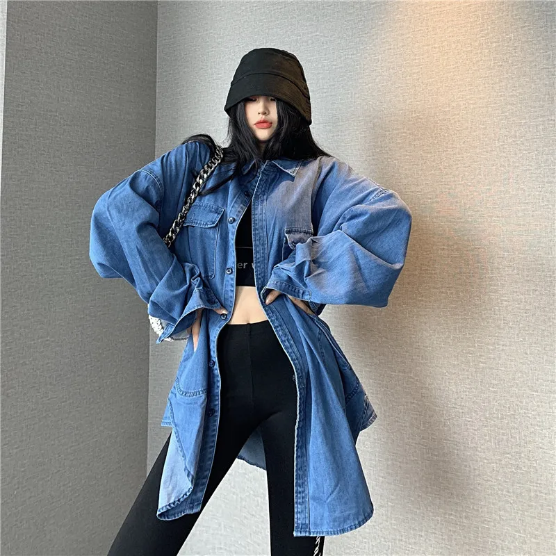 

SuperAen 2022 New Turn Down Collar Full Casual Denim Shirt Loose Long Windbreaker Jacket Cardigan Women