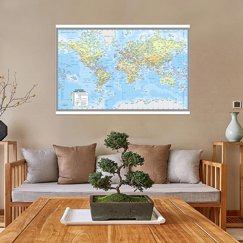 

5*3feet Large Spanish World Map Wall Art Non-woven City Map of The World Premium Personalized Posters and Prints Travel Gift