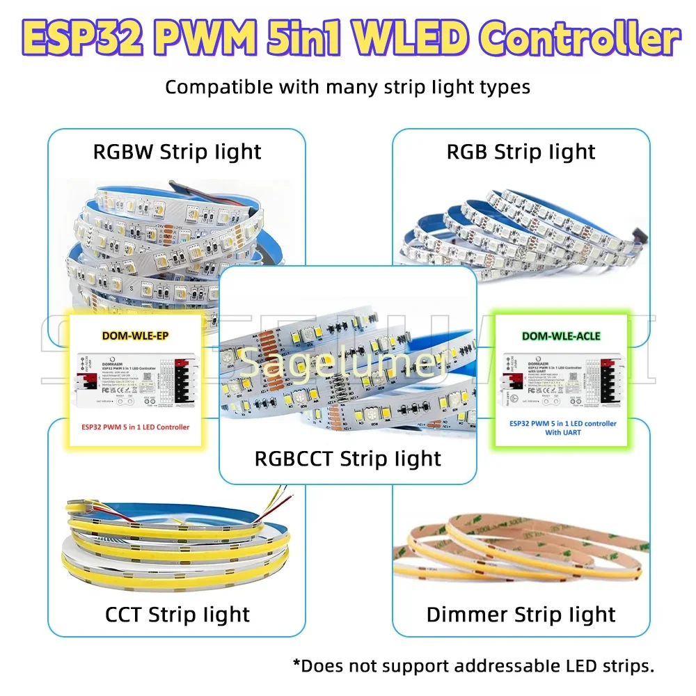 Фото Контроллер DOMRAEM ESP32 WLED с UART 5-в-1 для светодиодной ленты RGB RGBW RGBCCT работает с затемнением ШИМ Alexa Google Home Assistant №1