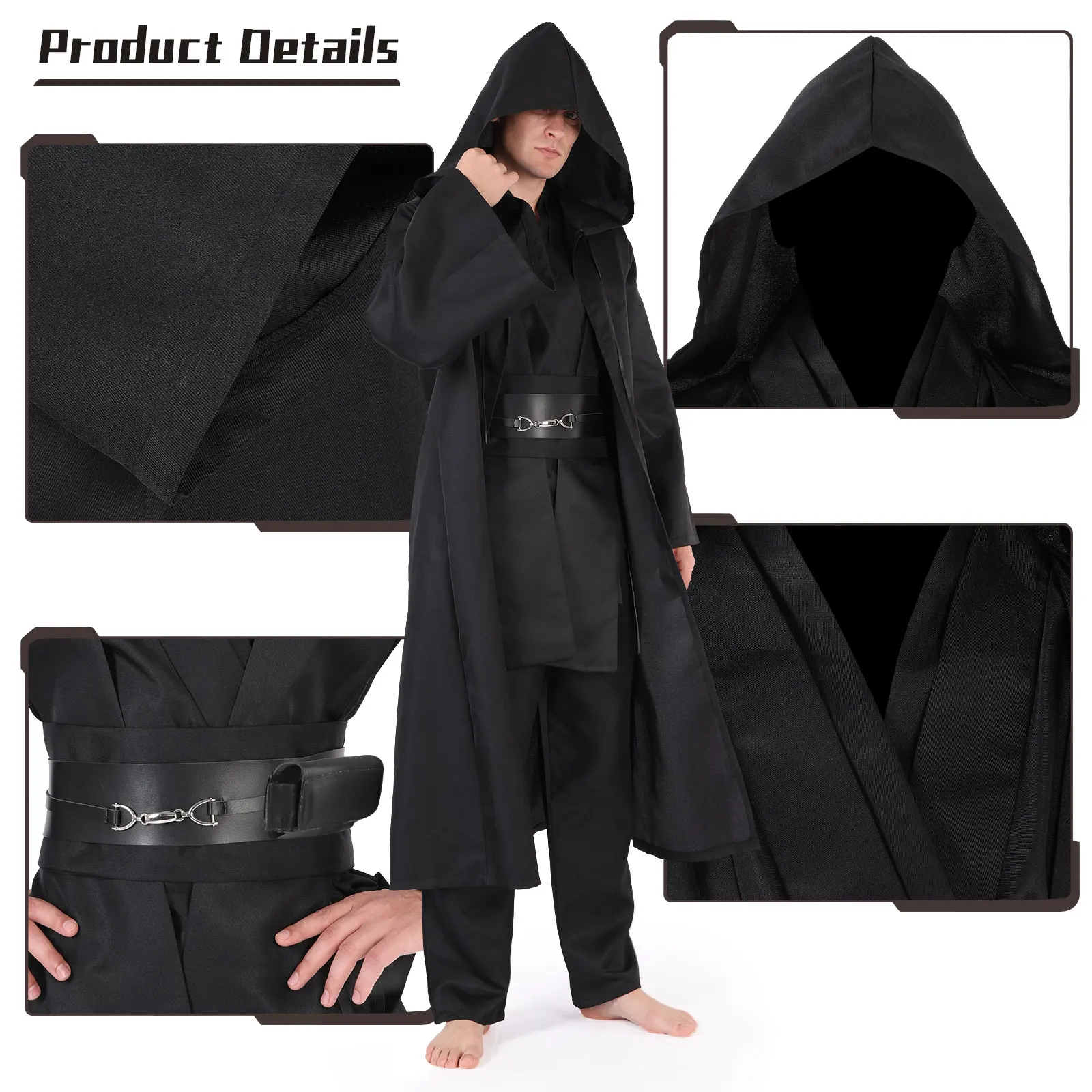 Cafele Halloween Tunic Costume Set Cosplay Outfit Jedi Knight Brown White Hooded Robe Obi Wan Black Cosplay Costume for Adult