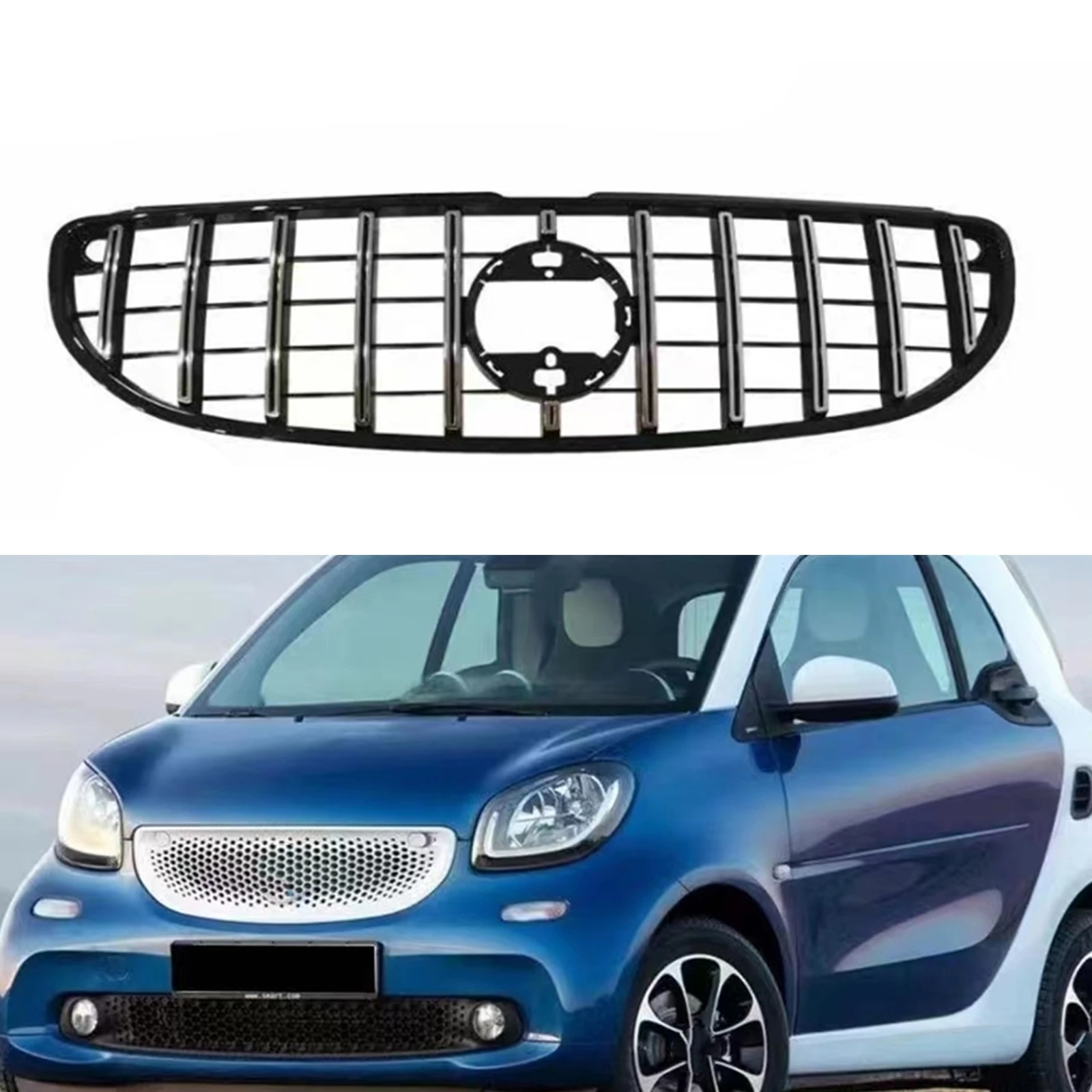 

For Mercedes Benz Smart Fortwo W453 2 Door 2015-2019 Coupe Front Grille Grill GT Style Silver/Black Upper Bumper Hood Mesh Grid
