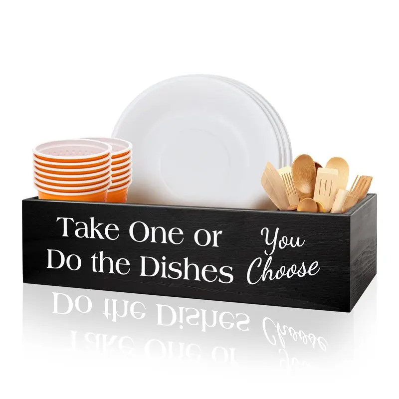

Wooden Rustic Farmhouse Kitchen Countertop Paper Plate Holder Box, Disposable Dish Organizer for Wedding, BBQ, Party - Great for