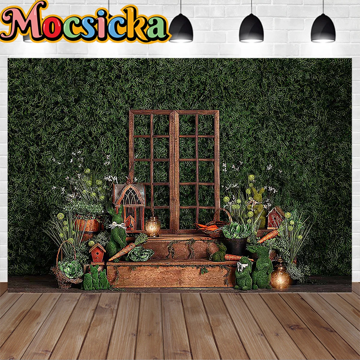 

Mocsicka Spring Green Lawn Photography Background Easter Child Kid Photobooth Bunny Vintage Wooden Door Decoration Backdrop Prop