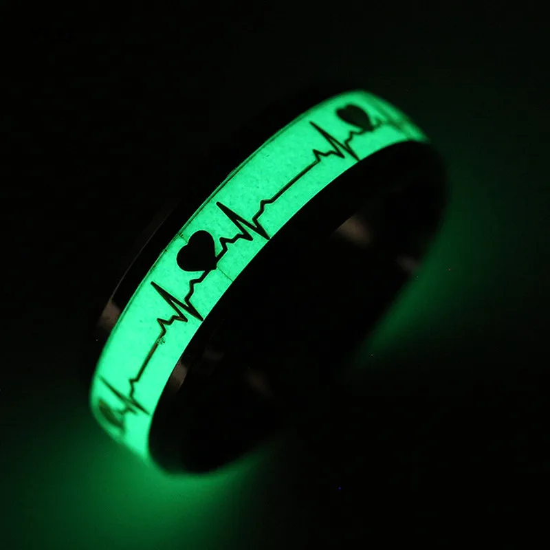 

YCD Luminous Fashion Stainless Steel Finger Ring for Women Men Glowing In Dark Heart Couple Ring Jewelry Gift Accessories