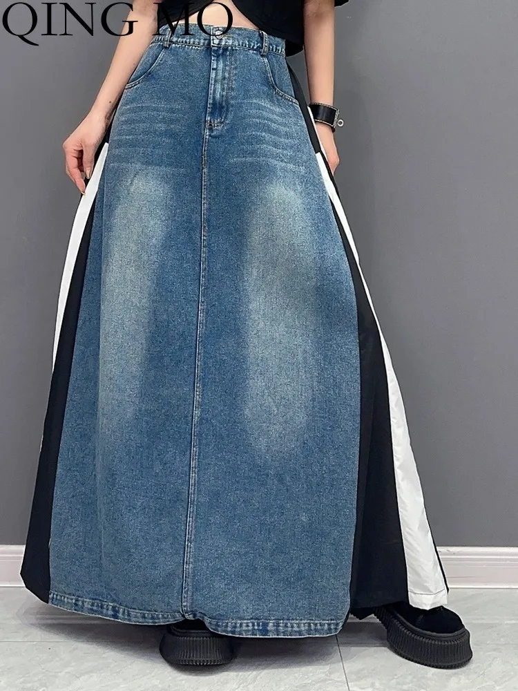 

QING MO 2023 Spring Autumn New Casual Splice Single Piece Denim Skirt Women Fashion Blue Black Patchwork Skirt ZXF3289