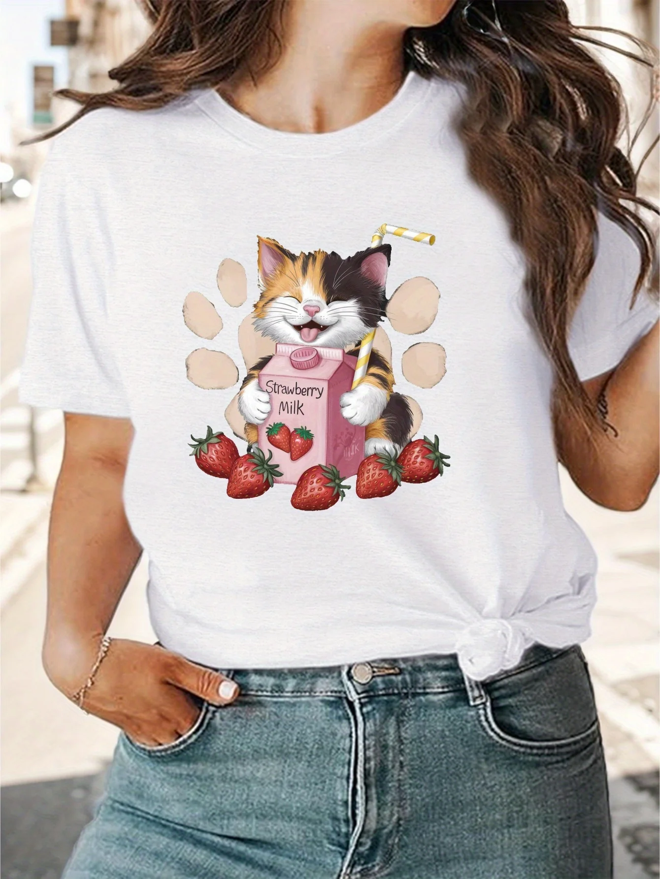 strawberries cheerful calico kitten women's comfit t-shirt