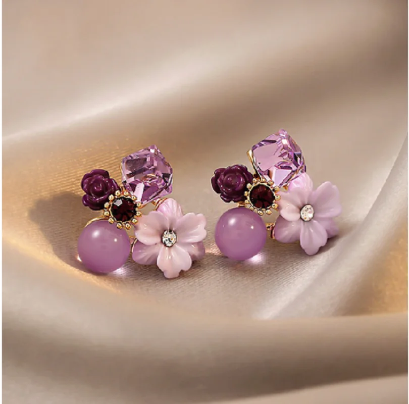 

Purple Crystal Flower Stud Earrings For Woman Korean Fashion Jewelry Wedding Party Girl Elegance Set Accessories