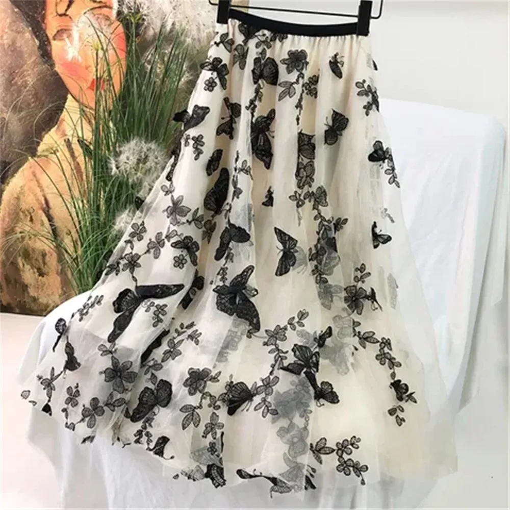 

Butterfly Embroidery Gauze Skirt Women High Waist Mesh New Large Skirt 2022 Bud Silk A-Line Fairy Long Pleated Skirts Streetwear