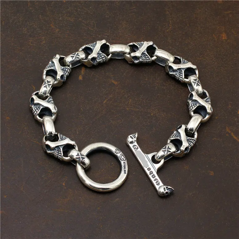 

Premium quality Personality Fashion Couple S925 Sterling Silver Bracelet Trend Punk Double Sided Skull Men's Big Bracelet
