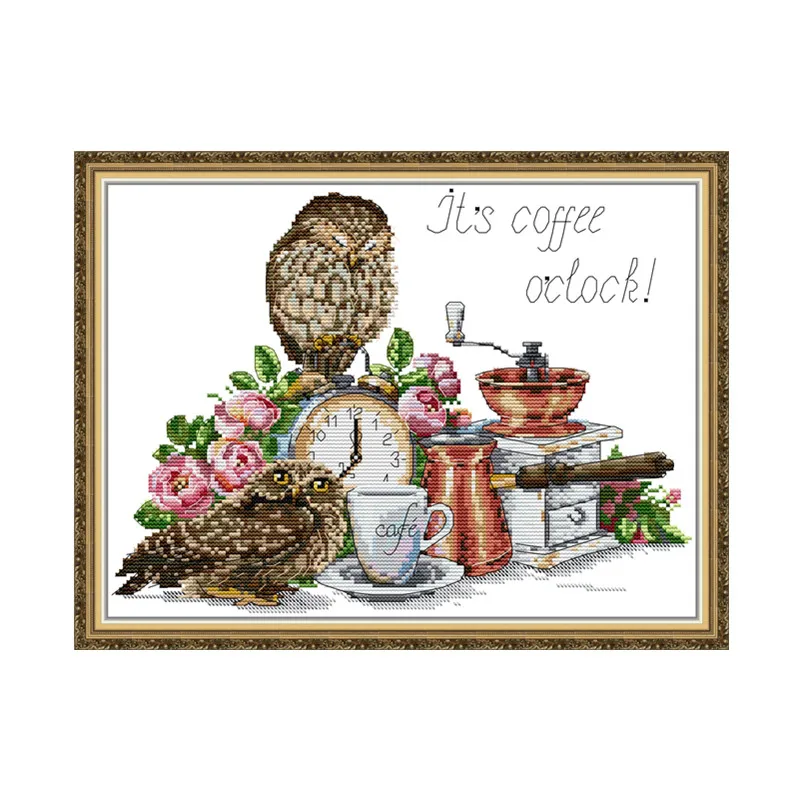 

Owl and coffee cross stitch kit bird winter snow 18ct 14ct 11ct count printed embroidery DIY handmade needlework craft