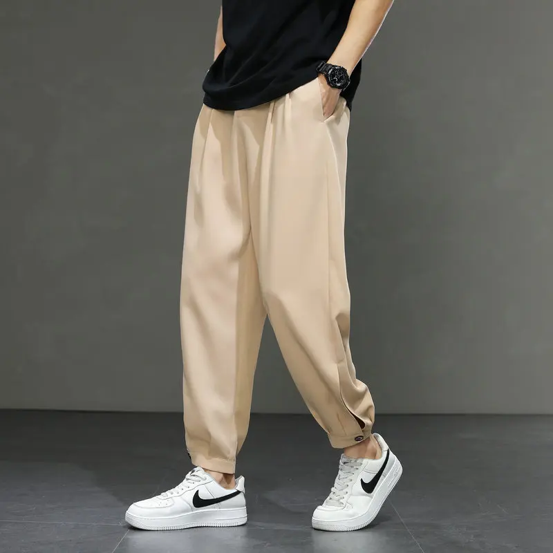 Men's spring thin ice silk weapper loose straight trousers, vertical, wide, casual trousers tide