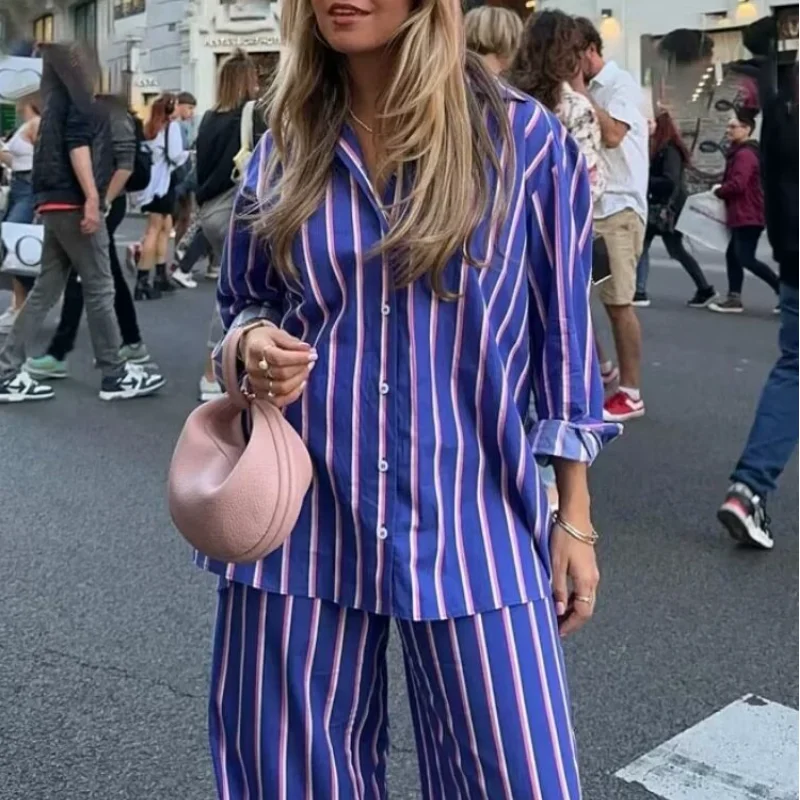 Осенний комплект из 2 предметов в полоску с длинным рукавом женские прямые брюки