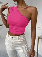 one shoulder casual crop top summer clothes for women clothing gym tank rib knit pullovers asymmetrical sexy short slim fit