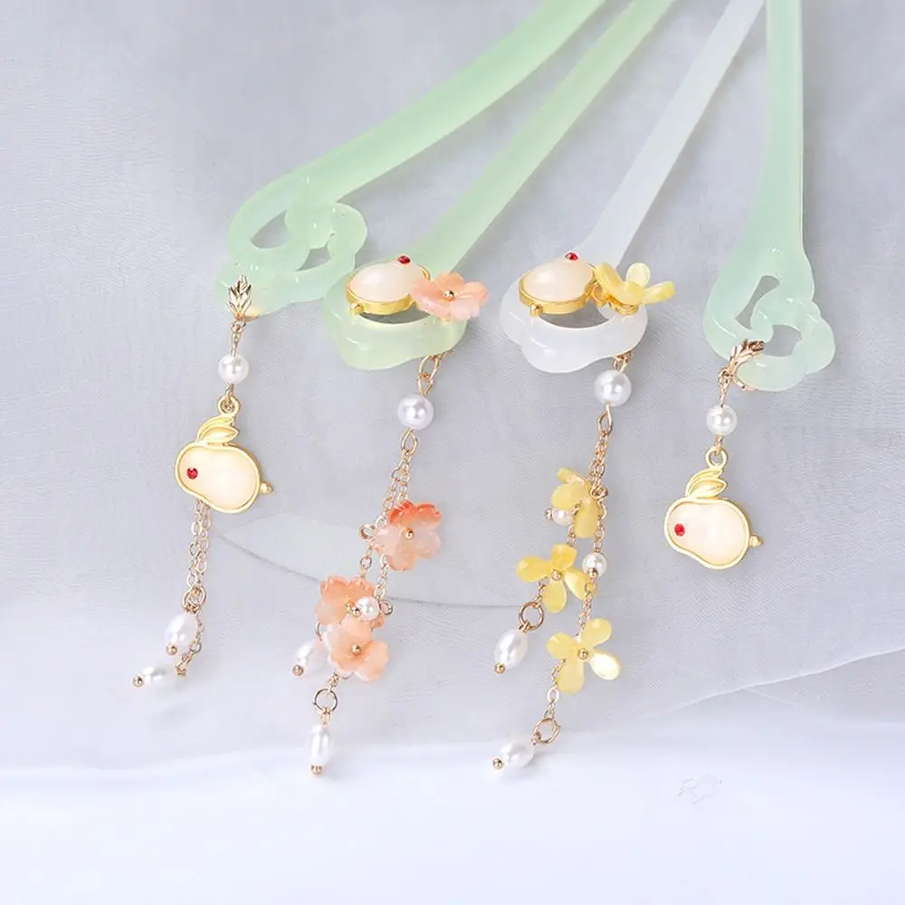 

Классические заколки для волос в китайском стиле с кисточками и жемчугом, милые маленькие шпильки для волос кролика, элегантные женские заколки для волос с цветком Hanfu