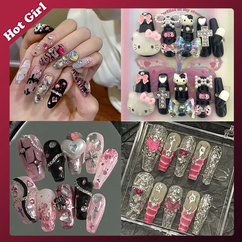 

Hello Kitty Kawaii Handmade Manicure Sanrio Cartoon Anime Y2K Sweet Cool Hot Girl Heavy Industry Flash Diamond Manicure Piece