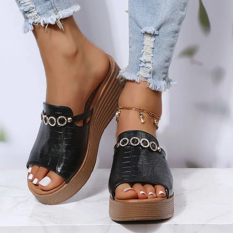 

Women Wedge Sandals Summer Rhinestone Metal Buckle Platform Slides Crocodile Pattern Beach Flats Slippers Size 42 Heighten Shoes