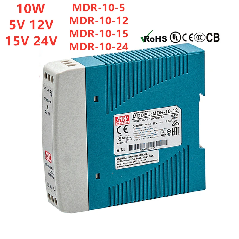 

MEAN WELL Industrial Din Rail 10W Slim Single Output Switching Power Supply MDR-10-5 MDR-10-12 MDR-10-15 MDR-10-24