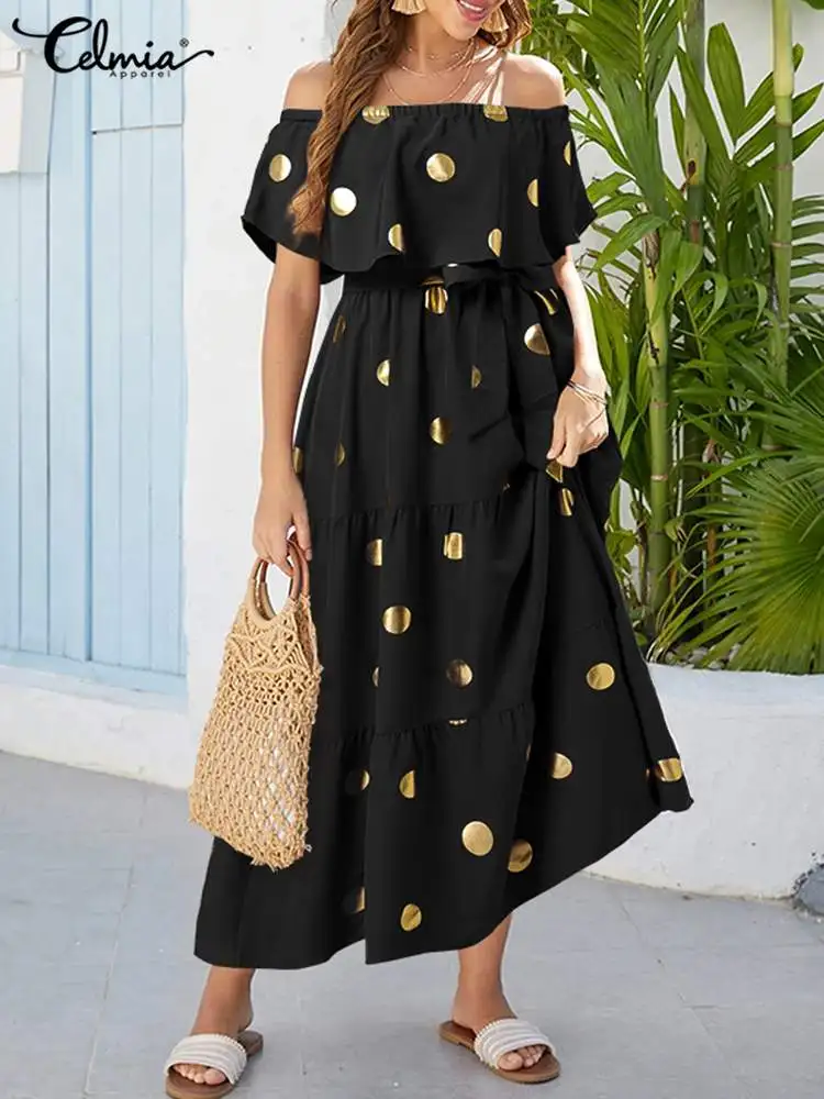 

2022 Women Party Maxi Sundress Celmia Summer Holiday Polka Dot Ruffle Off Shoulder Long Dress Casual Pleated Waist Belted Robe