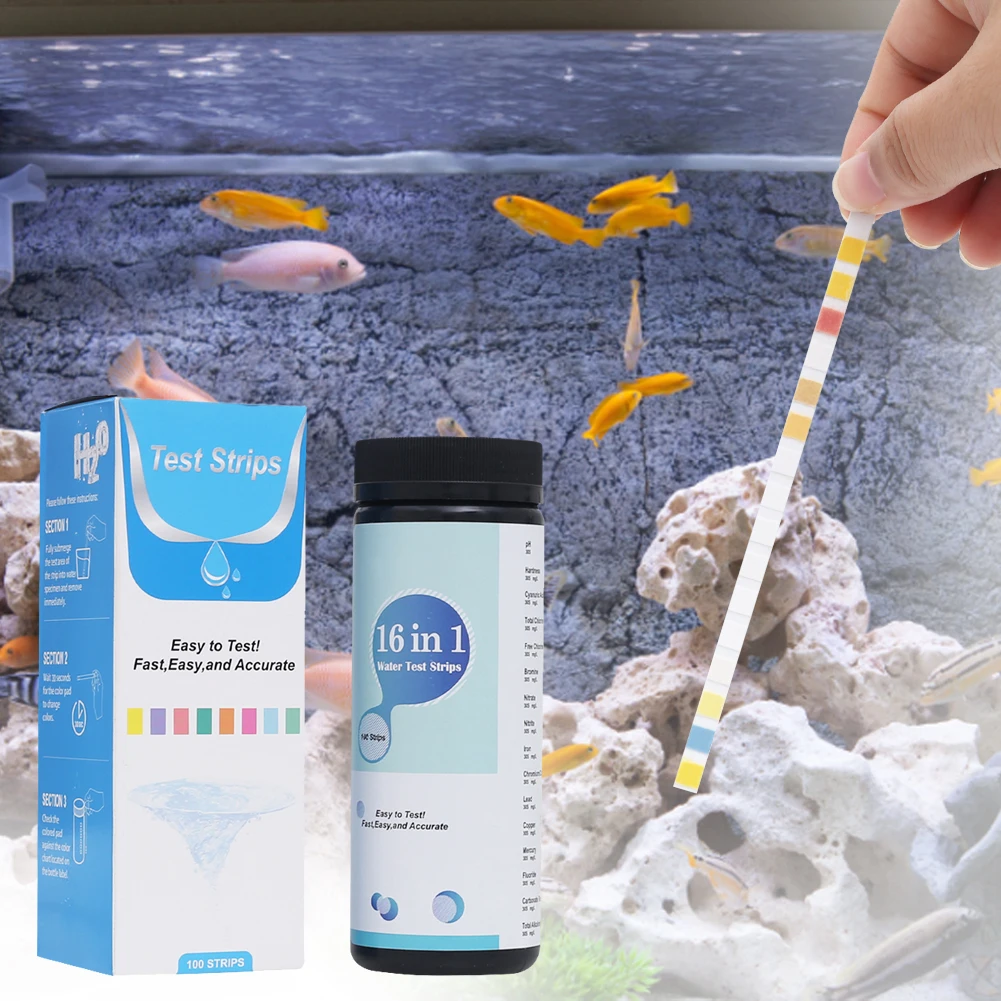 

100Pcs 16-in-1 Aquarium Test Strip Fast Accurate Water Quality Testing Strips to Detect PH Hardness Nitrite Nitrate Chlorine