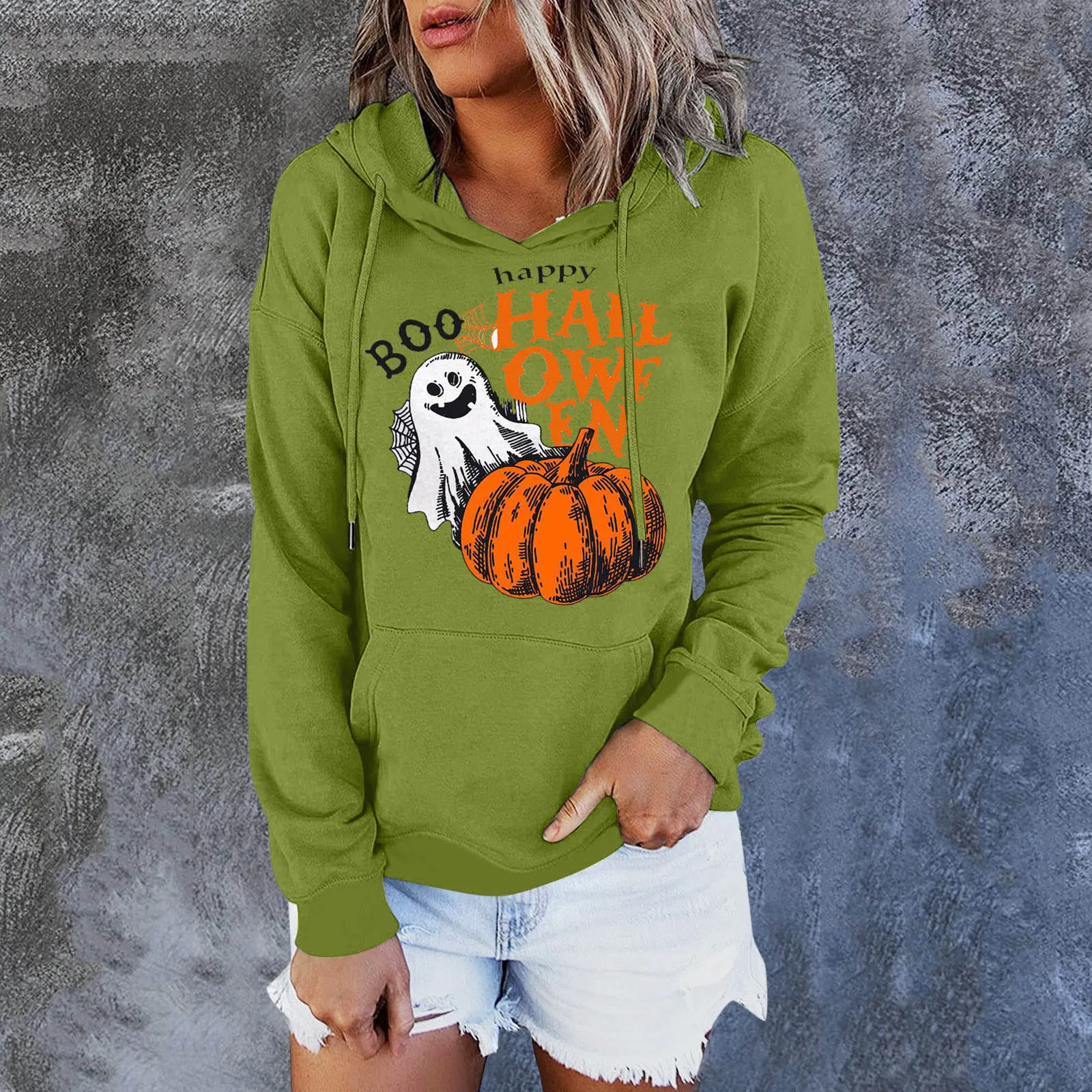 

Women Halloween Hooded Pocket Drawstring Long Sleeves Pumpkin Printing Sweatshirt Top Womens Pullover Fuzzy Hoodies Women