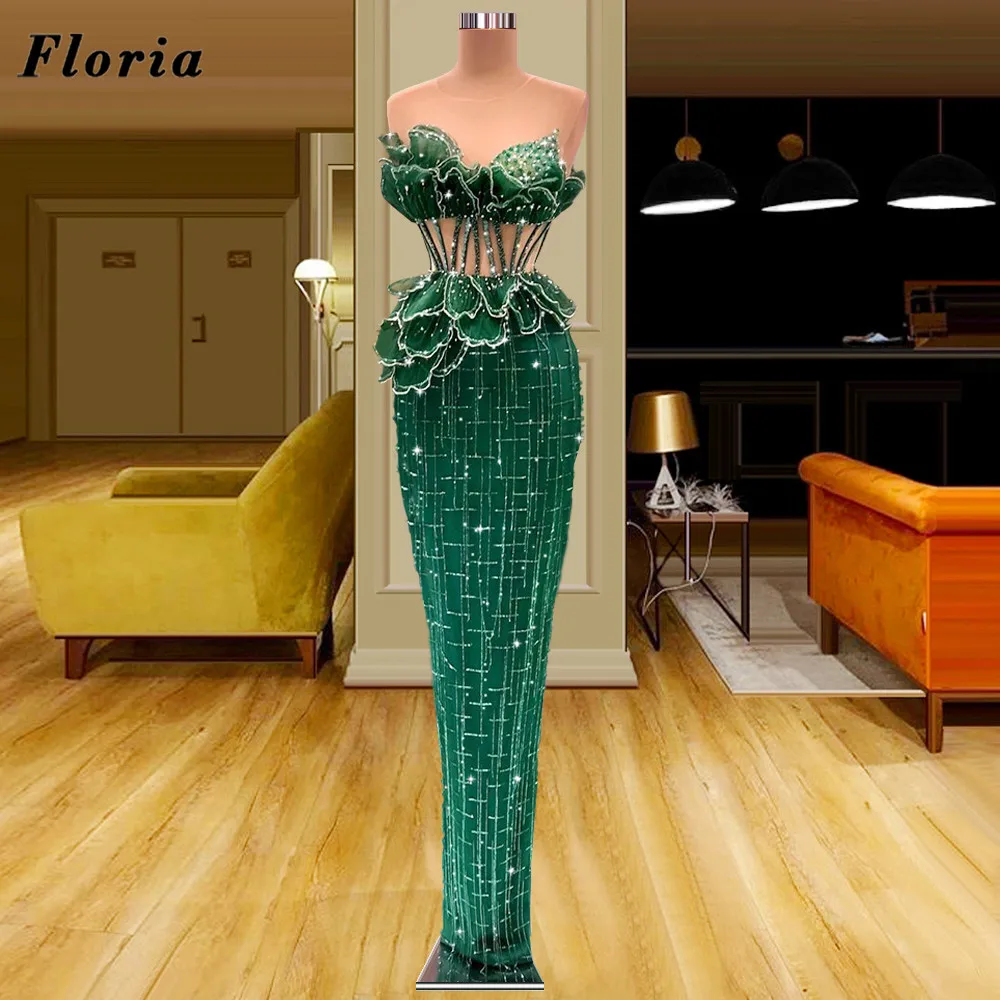 

Floria Designer Handmade Beaded Evening Dress Emerald Green Celebrity Dresses 2022 Coutures Prom Dress Arabic Dubai Party Gowns