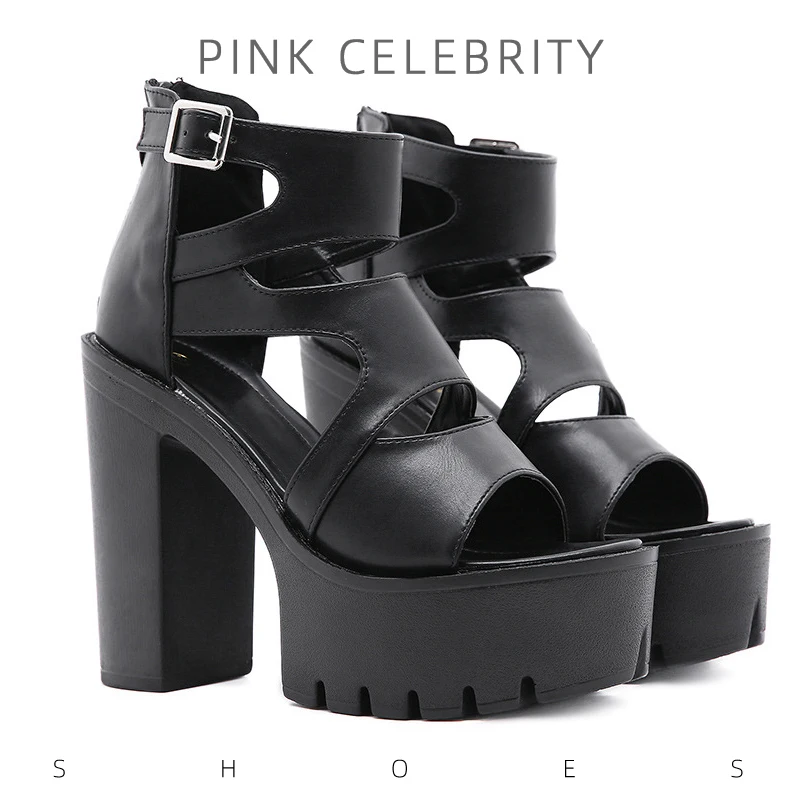 

Women's Heel Sandals Black Punk Wedge Platform 13cm High Heels Shoes for Women Sandal Summer Sexy Fish Mouth Catwalk Pumps