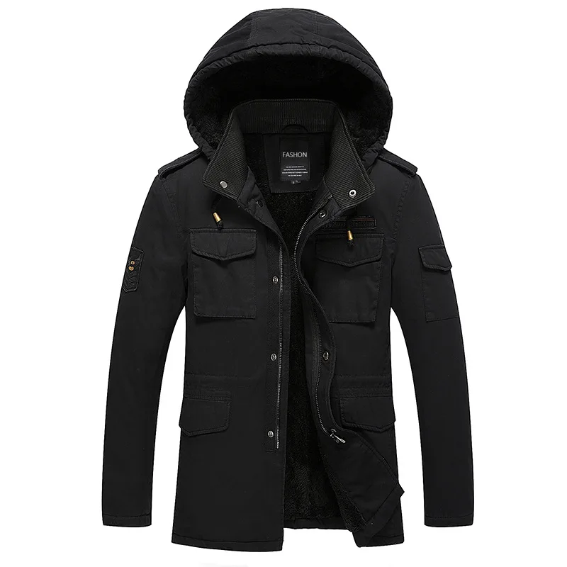 Winter mid-length fleece warm jacket men outdoor casual detachable hooded coat Plus Size Loose parkas multi-pocket cargo jacket