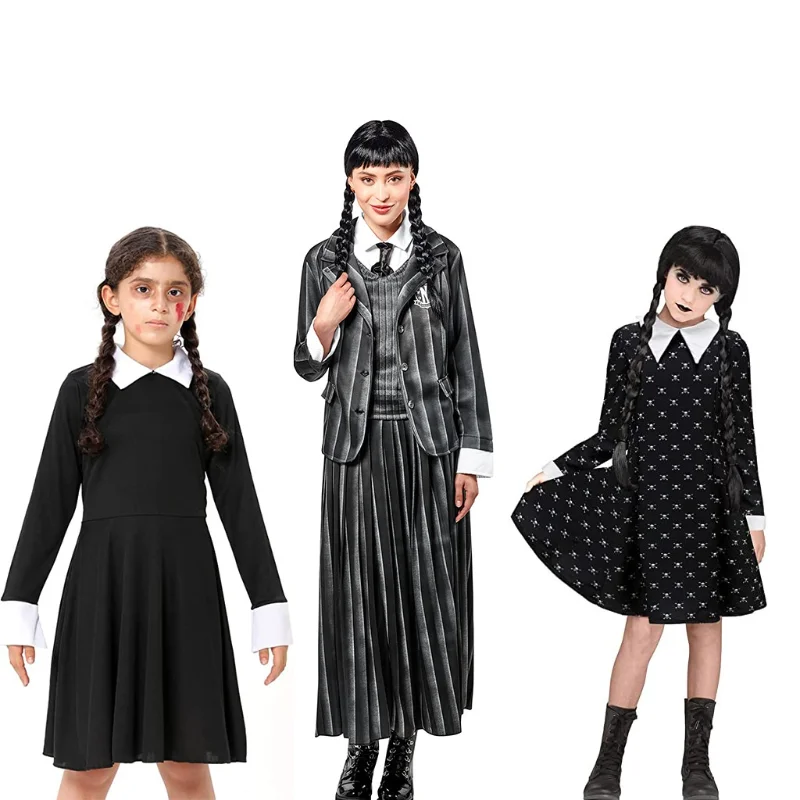 

Kids Wednesday Addams Cosplay Costume Suits and skirts Schoolgirl Flee School Uniforms Halloween Suit For Adults Girls Birthday