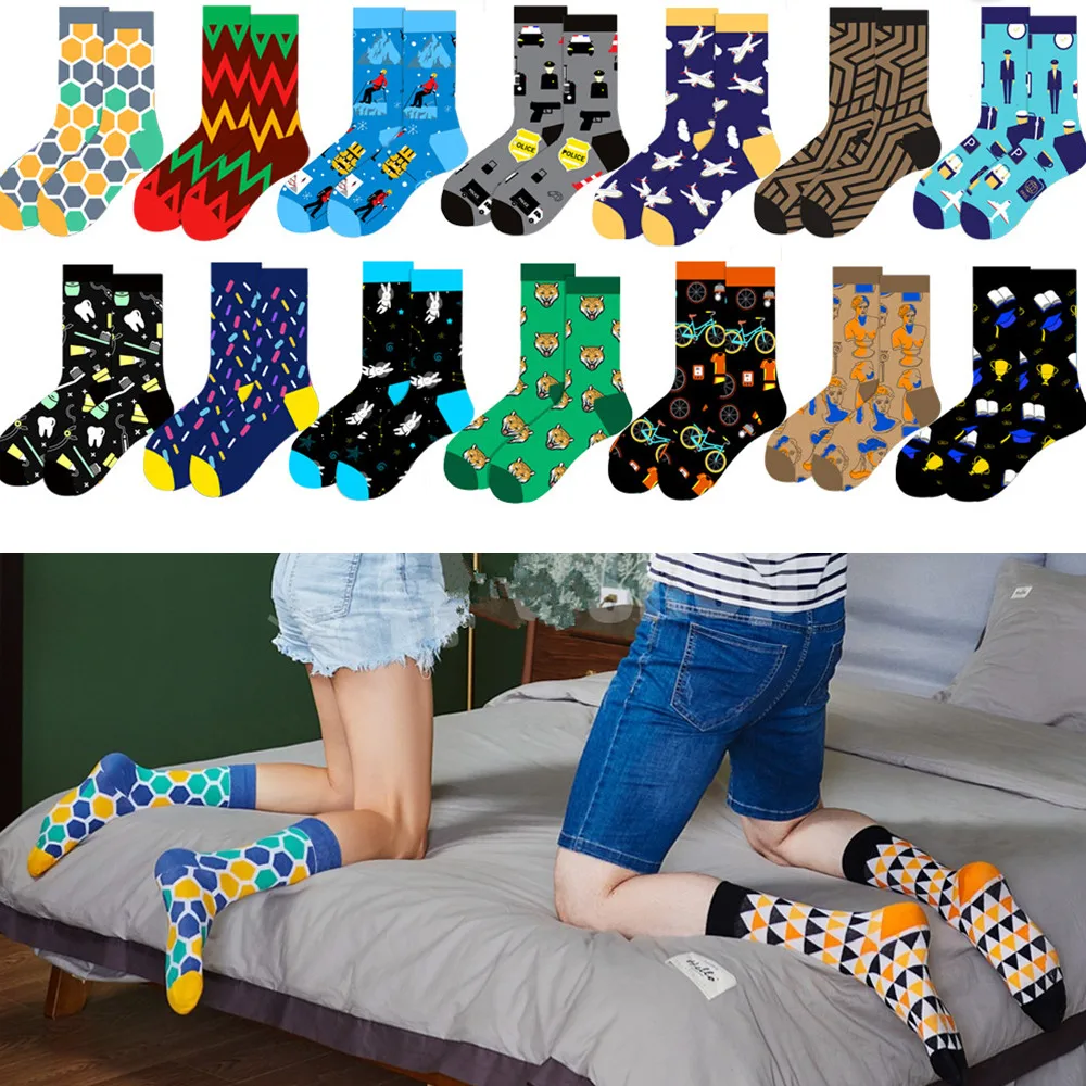 

New Fashion Street Plus Size Men Socks Couple Cotton Clothing Colorful Novelty Geometric Trend Socks Animal Middle Tube Socks