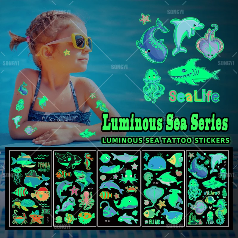 5 листов светящихся татуировок для морской жизни украшение вечерние Акула