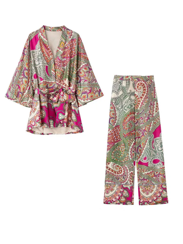 

2022 Summer Women Vintage Suits 2 piece sets Print Loose Kimono Tops and Trousers Female Elegant Vacation Suit Clothing