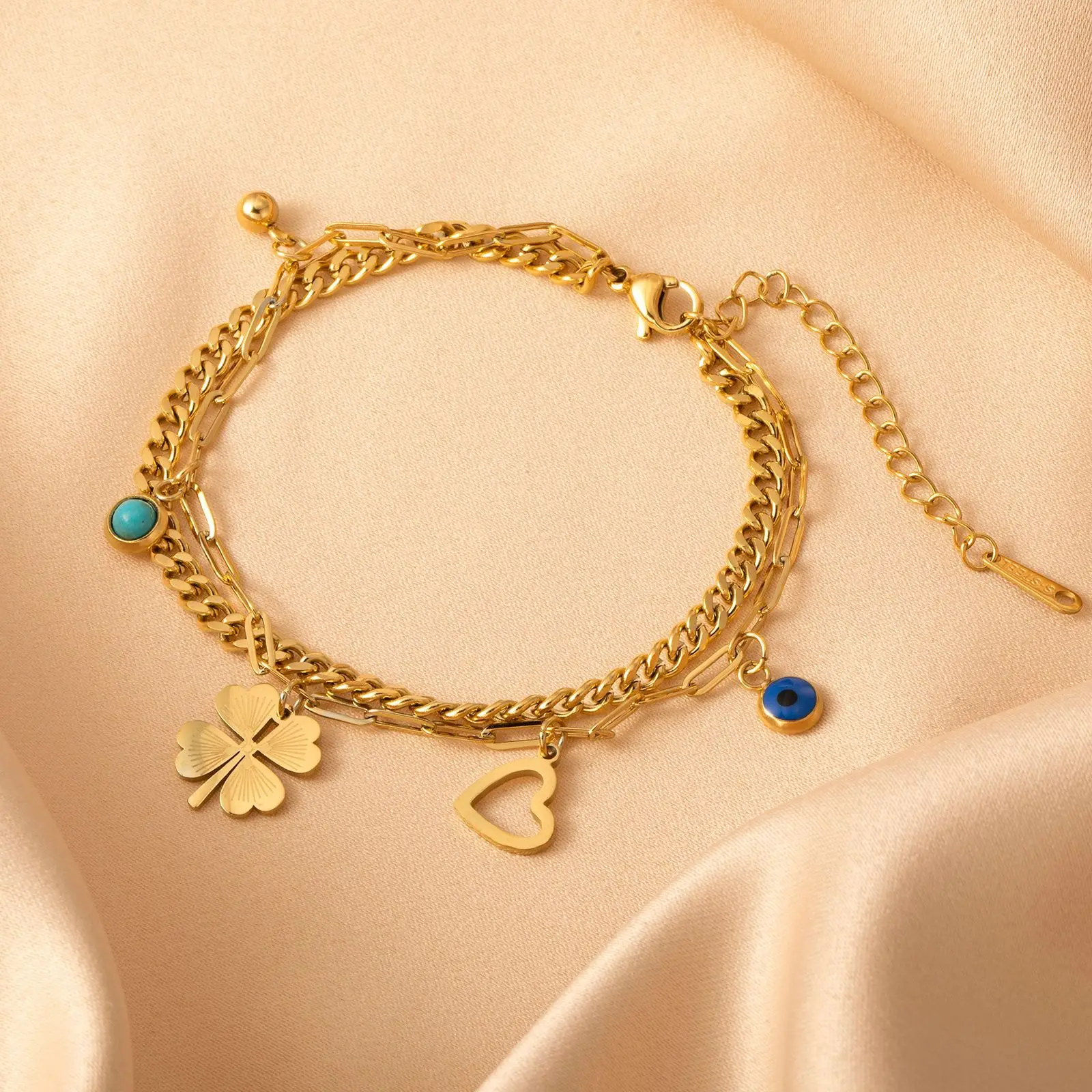 

Four Leaf Clover Love Evil Eye Pendant Bracelet Multilayer Bracelet for Women Stainless Steel Luxury Bangles Jewelry Gift